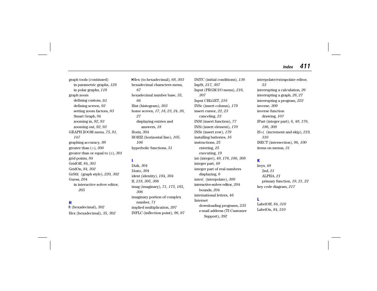 H, i, k, l | Texas Instruments TI-86 User Manual | Page 423 / 431