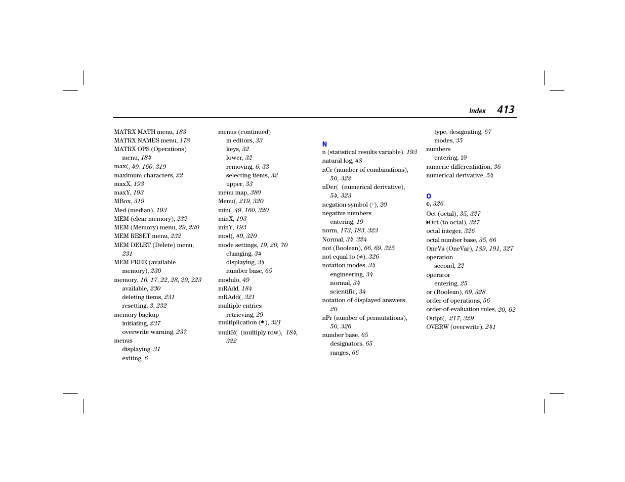 N, o | Texas Instruments TI-86 User Manual | Page 425 / 431