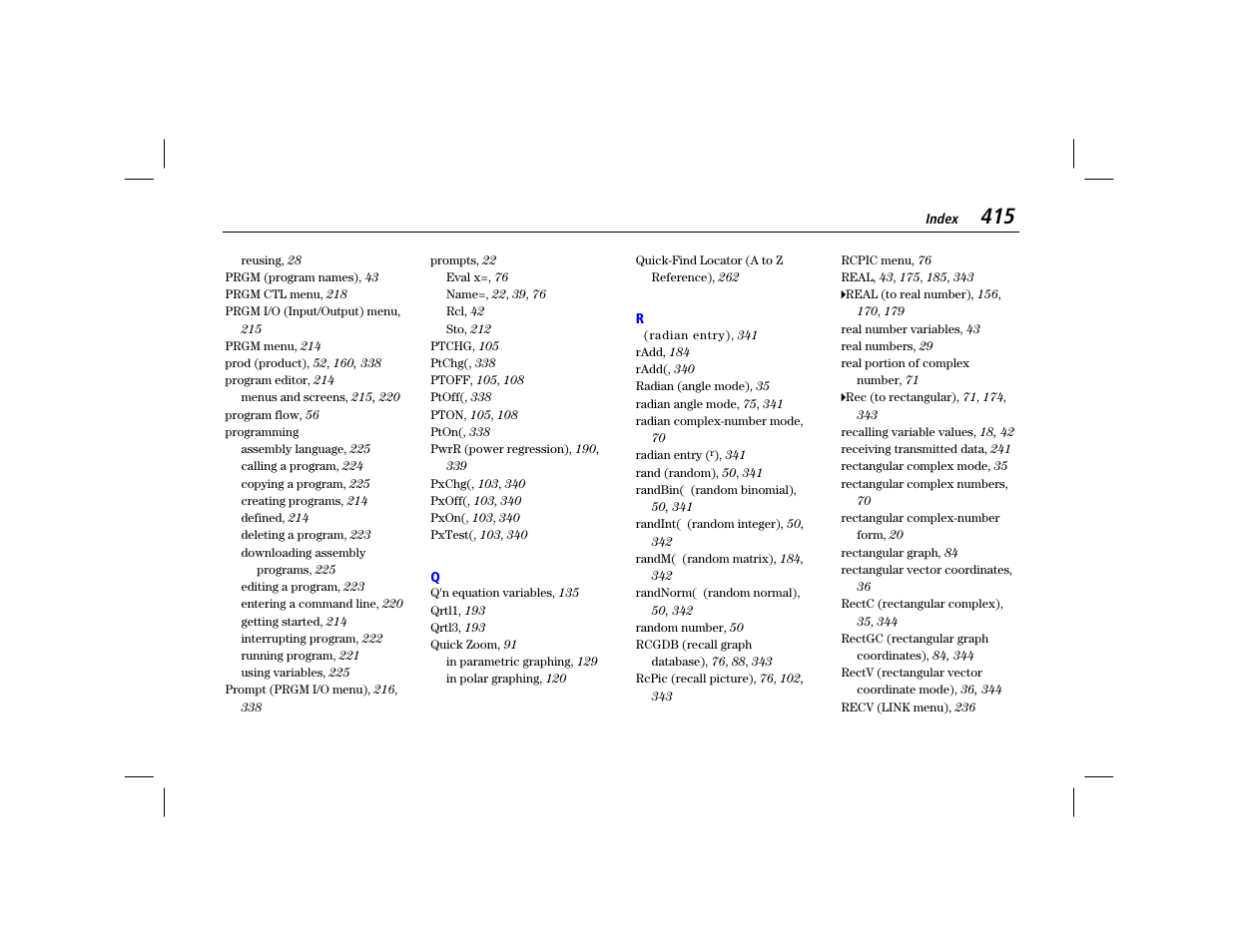 Q, r | Texas Instruments TI-86 User Manual | Page 427 / 431