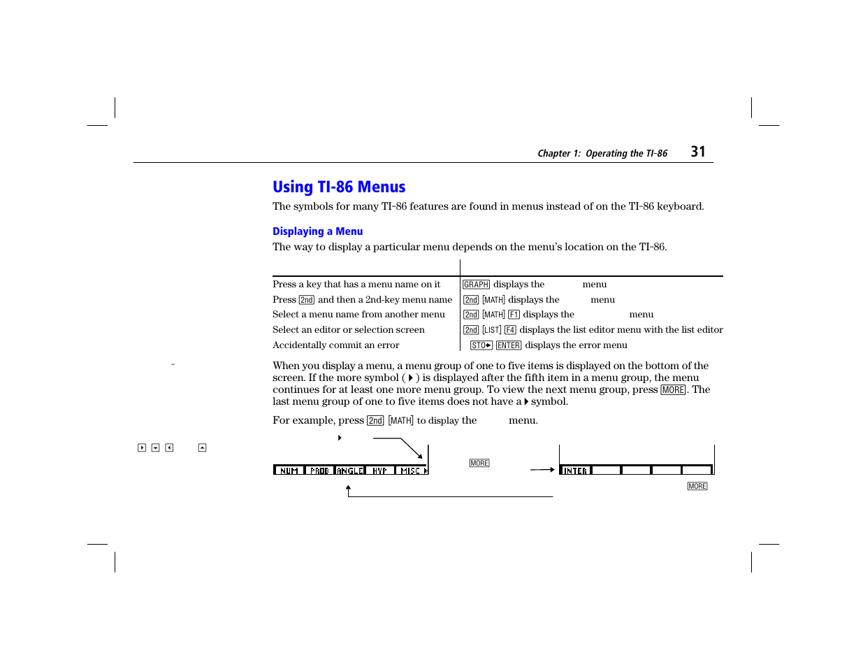 Using ti-86 menus, Displaying a menu | Texas Instruments TI-86 User Manual | Page 43 / 431