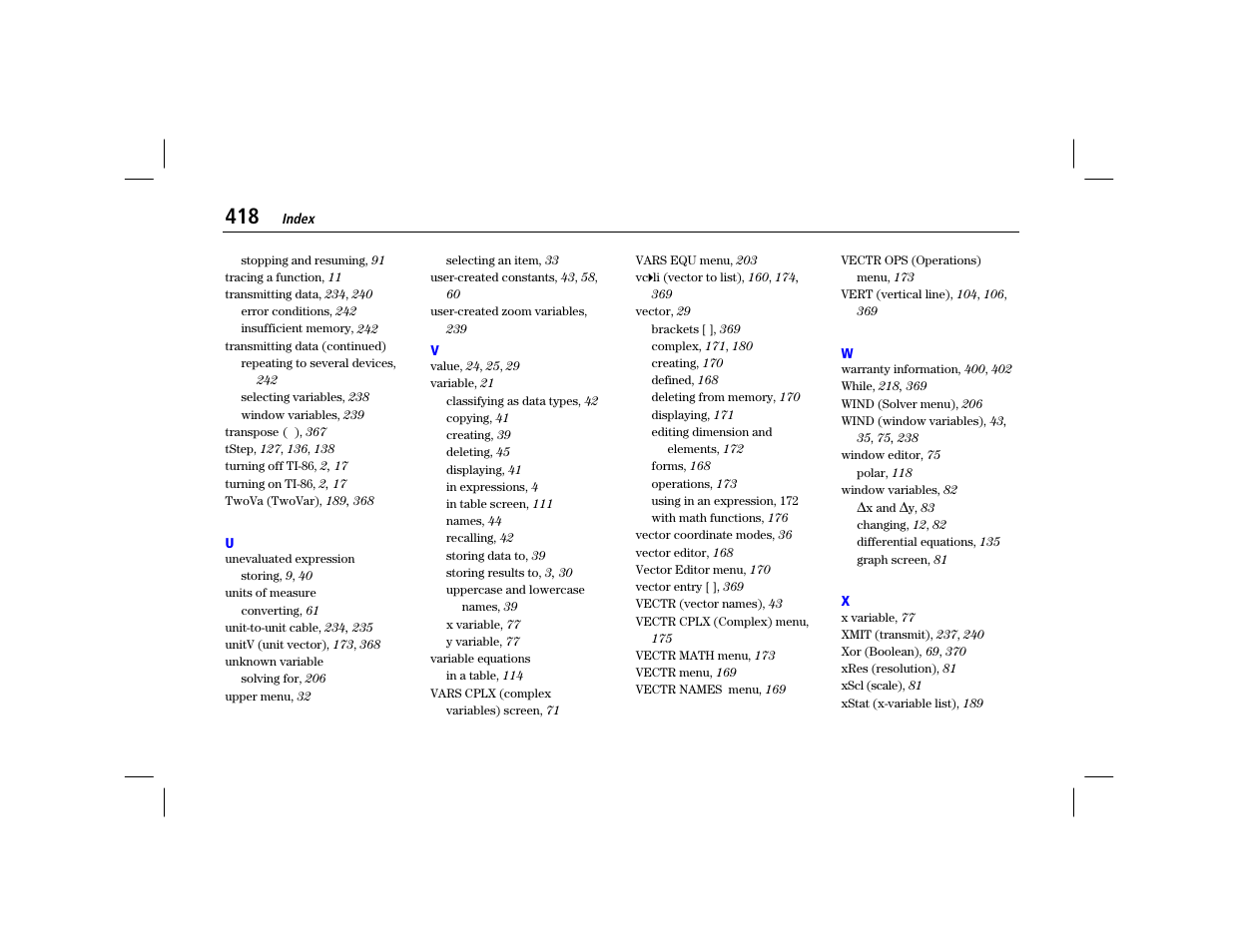 U, v, w, x | Texas Instruments TI-86 User Manual | Page 430 / 431