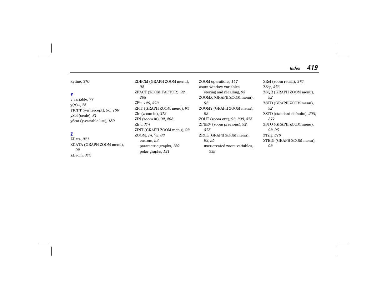 Y, z | Texas Instruments TI-86 User Manual | Page 431 / 431