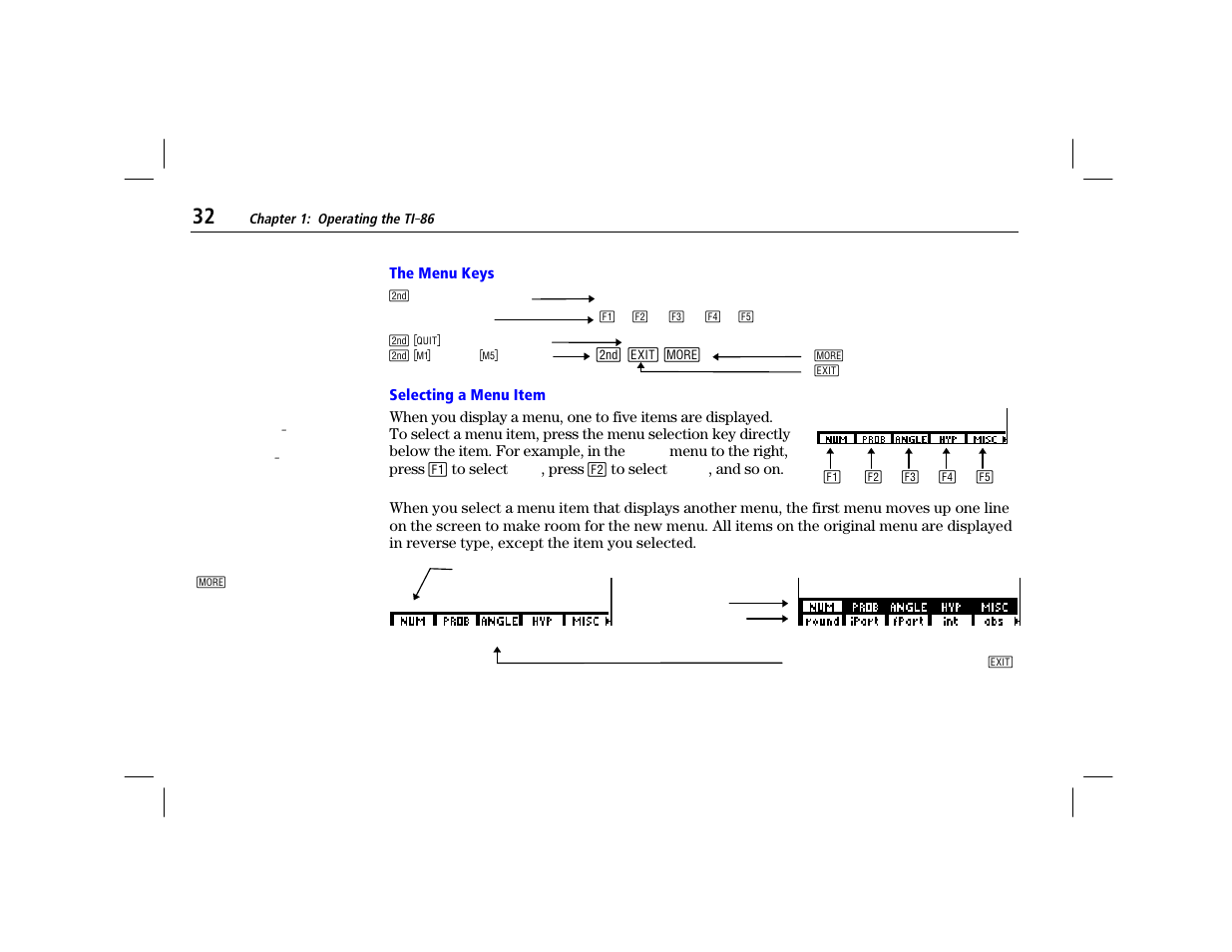 The menu keys, Selecting a menu item | Texas Instruments TI-86 User Manual | Page 44 / 431