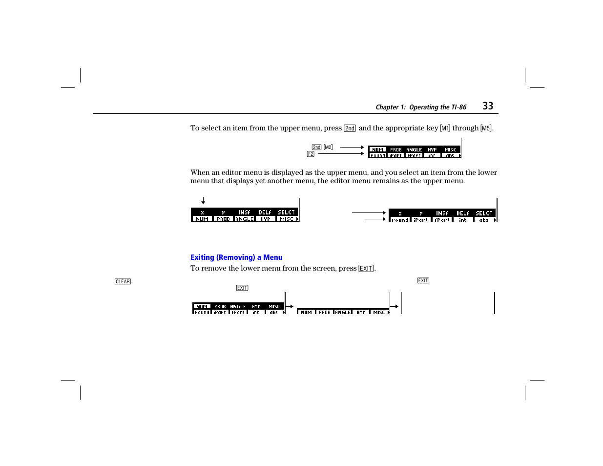 Exiting (removing) a menu | Texas Instruments TI-86 User Manual | Page 45 / 431