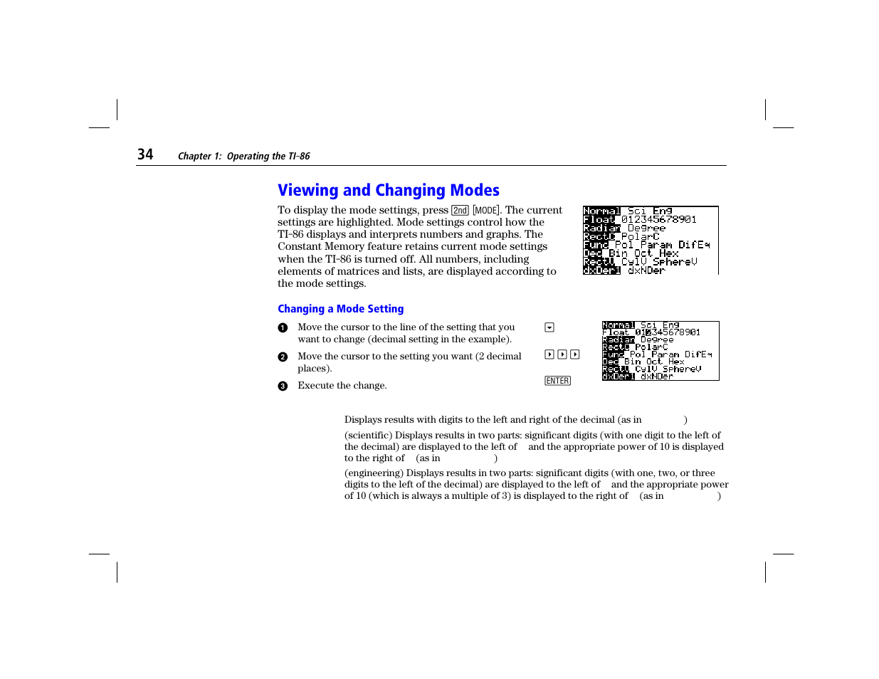 Viewing and changing modes, Changing a mode setting | Texas Instruments TI-86 User Manual | Page 46 / 431