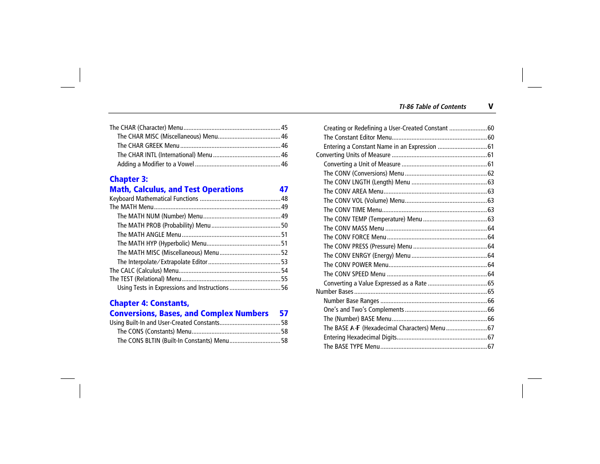 Chapter 3: math, calculus, and test operations | Texas Instruments TI-86 User Manual | Page 5 / 431