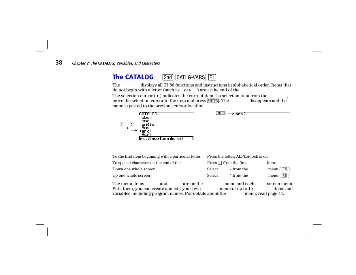 The catalog, The catalog - w | Texas Instruments TI-86 User Manual | Page 50 / 431