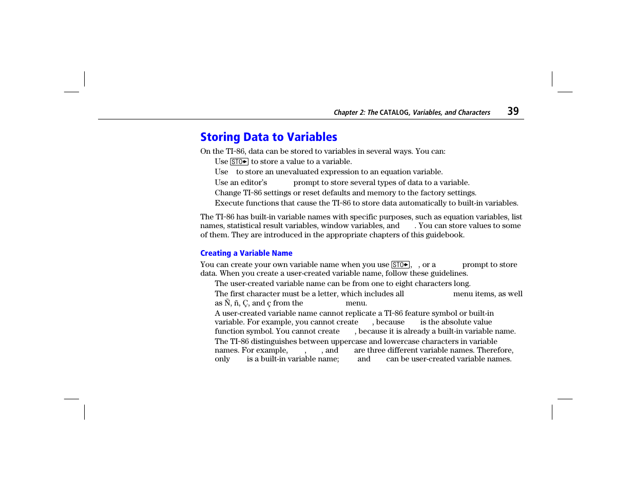 Storing data to variables, Creating a variable name | Texas Instruments TI-86 User Manual | Page 51 / 431