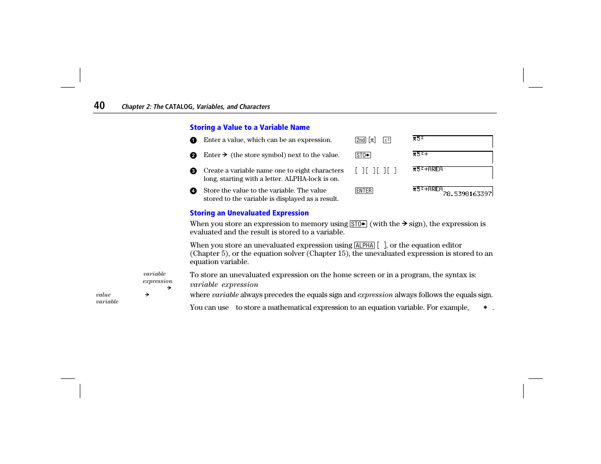 Storing a value to a variable name, Storing an unevaluated expression | Texas Instruments TI-86 User Manual | Page 52 / 431