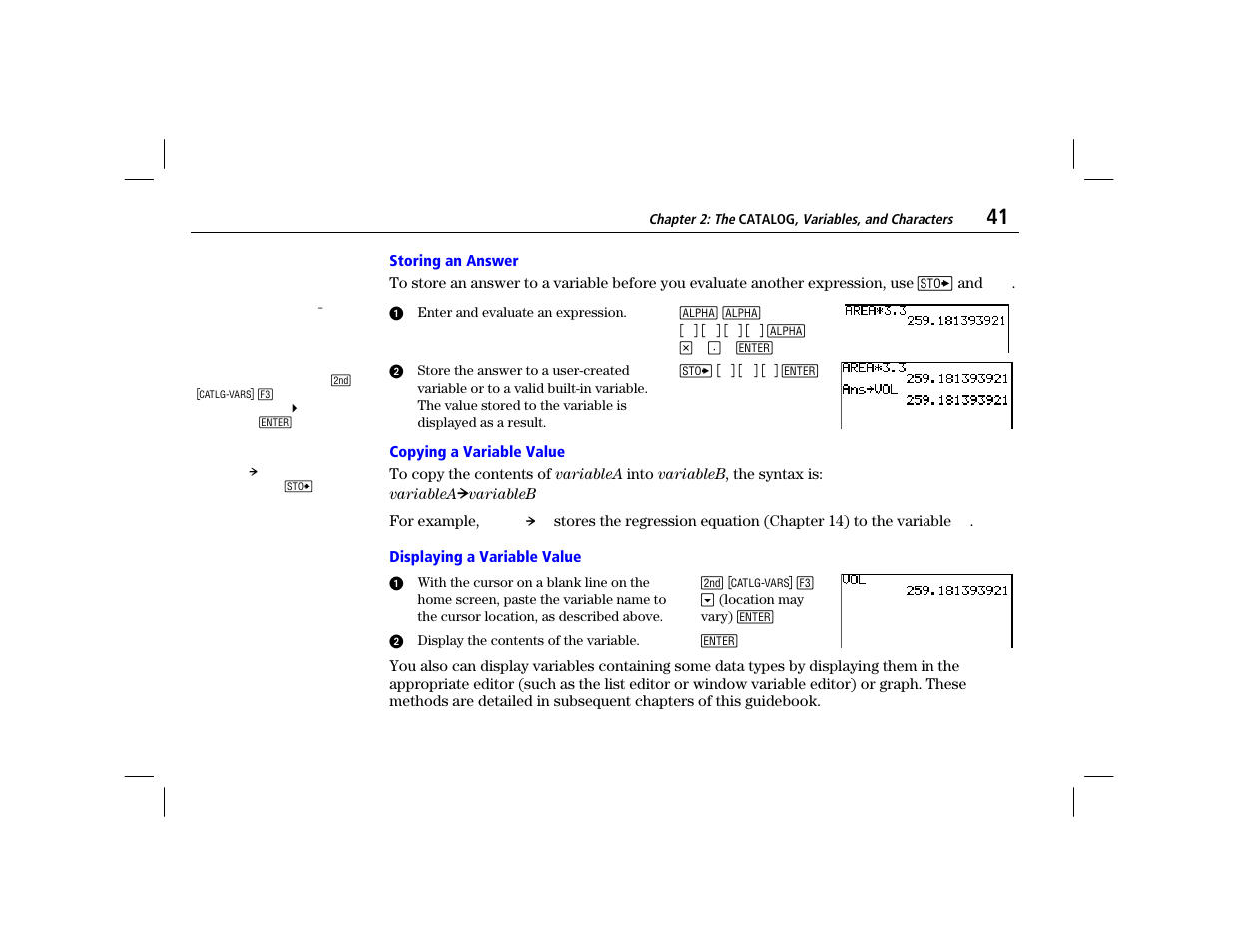 Storing an answer, Copying a variable value, Displaying a variable value | Texas Instruments TI-86 User Manual | Page 53 / 431