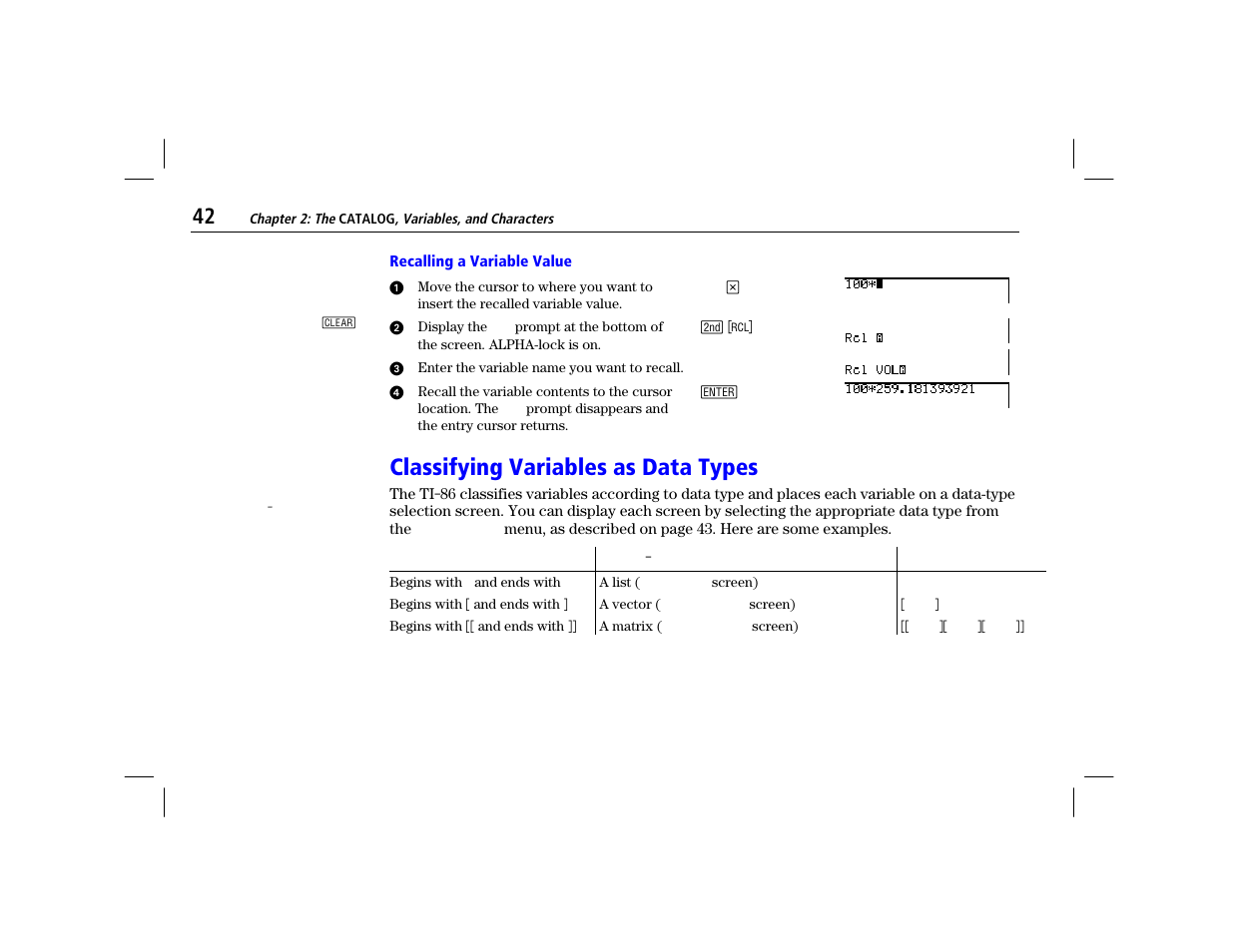 Recalling a variable value, Classifying variables as data types | Texas Instruments TI-86 User Manual | Page 54 / 431