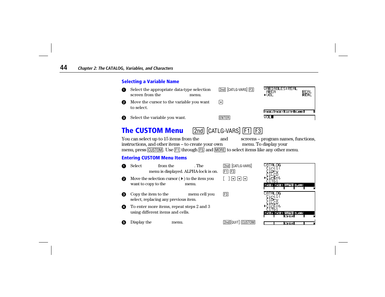 Selecting a variable name, The custom menu, Entering custom menu items | The custom menu - w | Texas Instruments TI-86 User Manual | Page 56 / 431