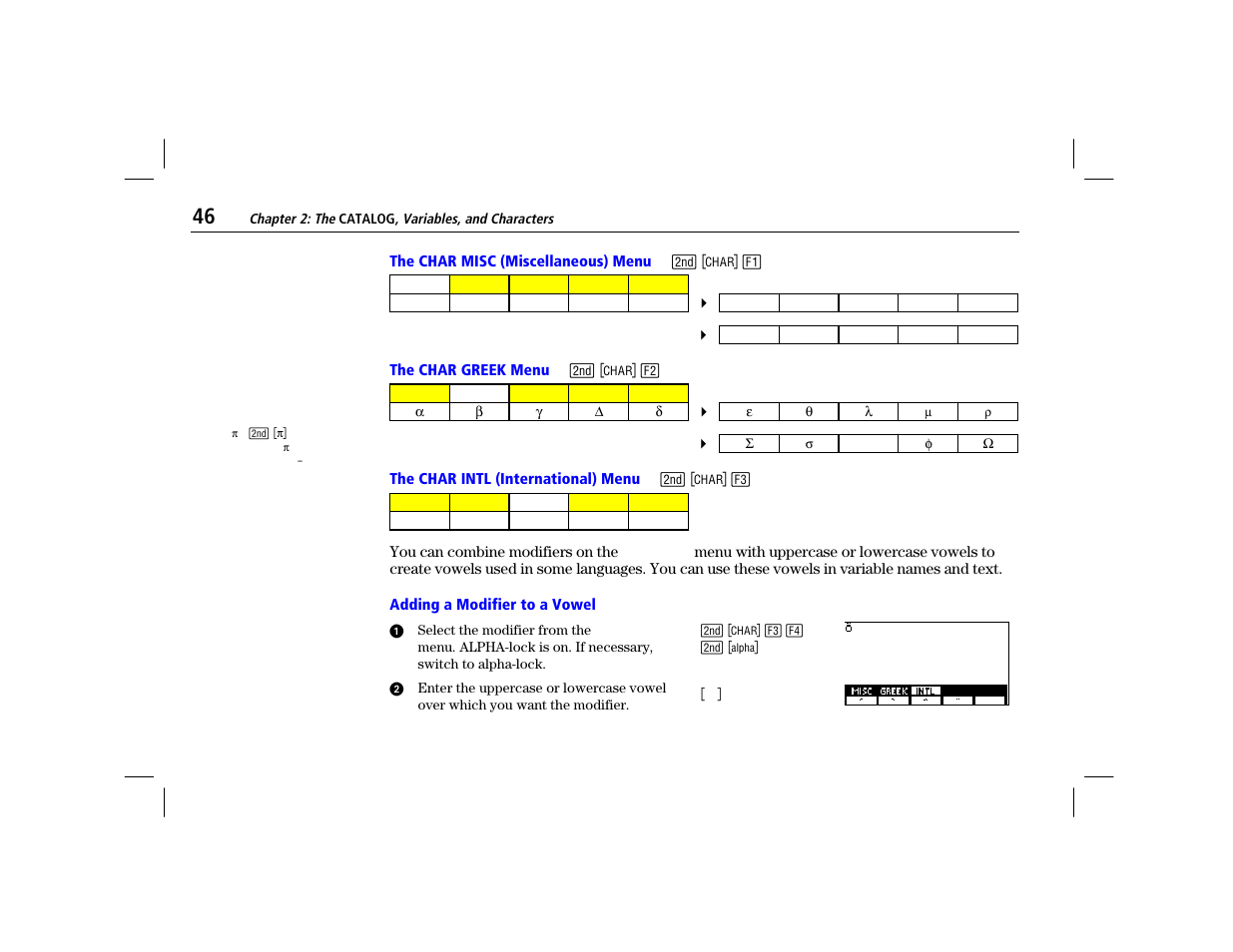 The char misc (miscellaneous) menu, The char greek menu, The char intl (international) menu | Adding a modifier to a vowel | Texas Instruments TI-86 User Manual | Page 58 / 431