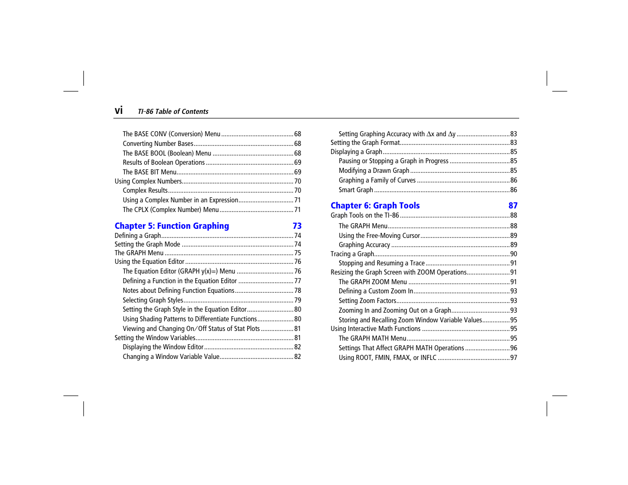 Chapter 5: function graphing, Chapter 6: graph tools | Texas Instruments TI-86 User Manual | Page 6 / 431