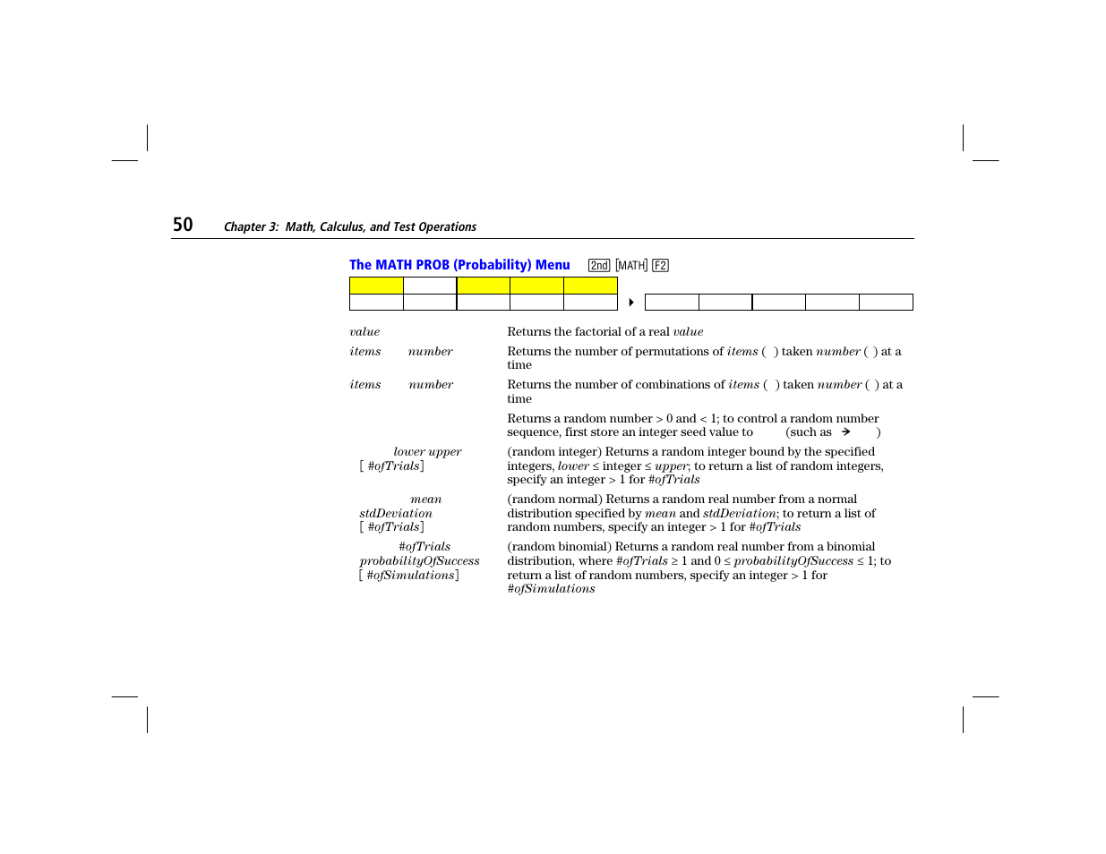 The math prob (probability) menu | Texas Instruments TI-86 User Manual | Page 62 / 431