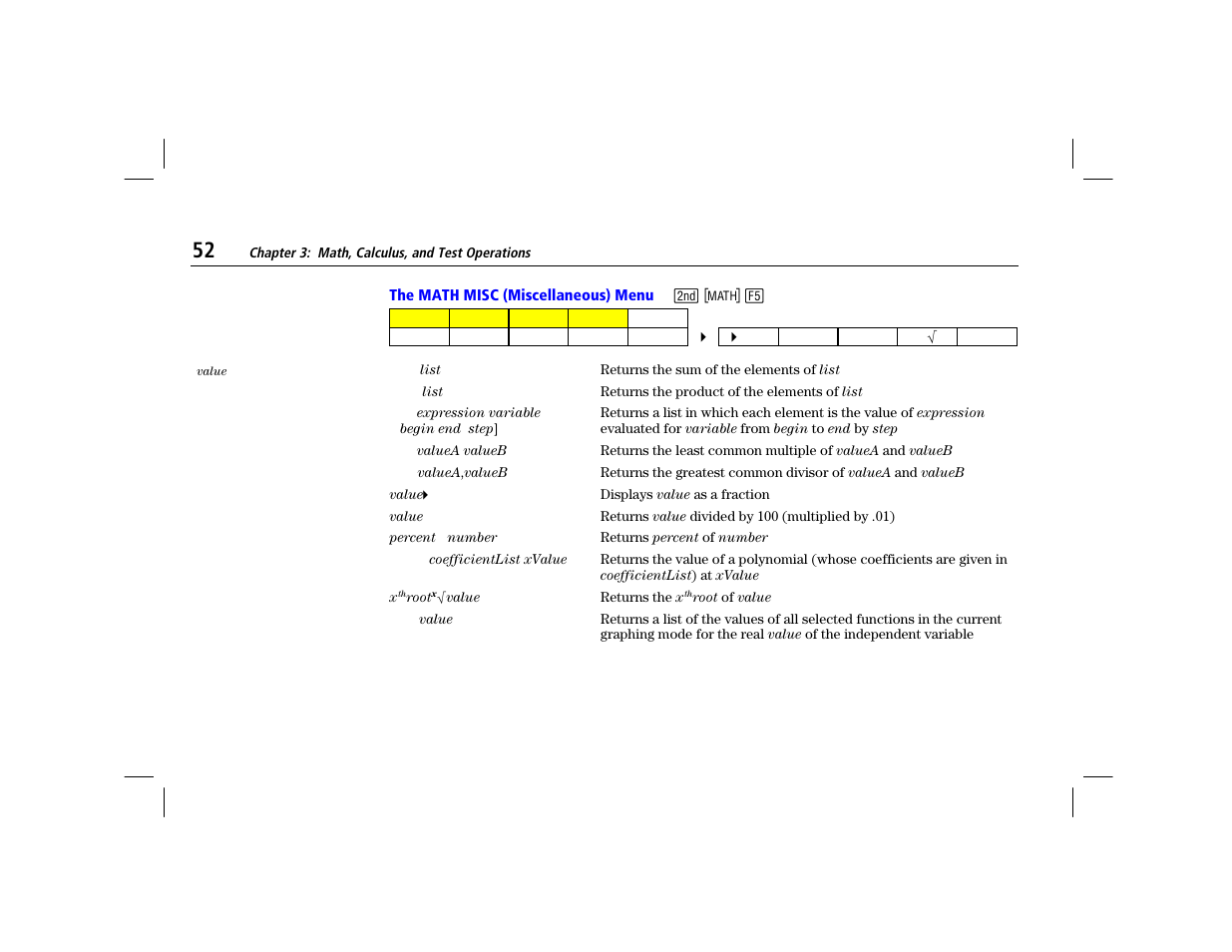 The math misc (miscellaneous) menu | Texas Instruments TI-86 User Manual | Page 64 / 431