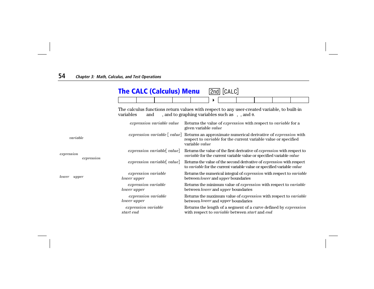 The calc (calculus) menu | Texas Instruments TI-86 User Manual | Page 66 / 431