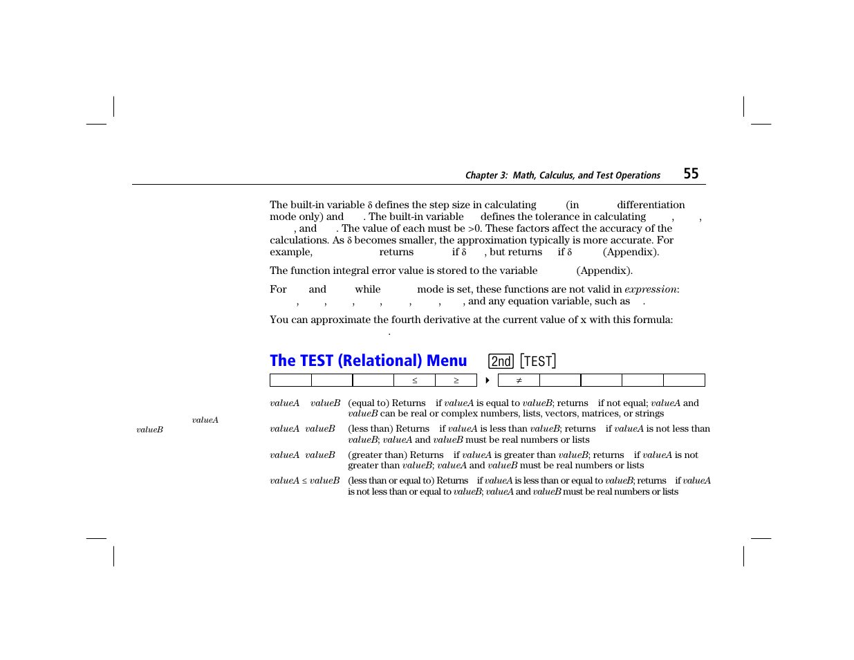 The test (relational) menu | Texas Instruments TI-86 User Manual | Page 67 / 431