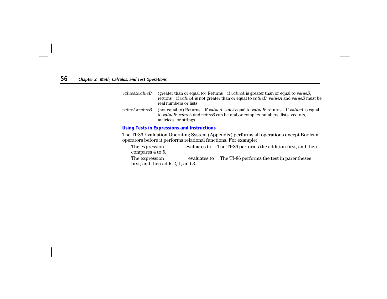 Using tests in expressions and instructions | Texas Instruments TI-86 User Manual | Page 68 / 431