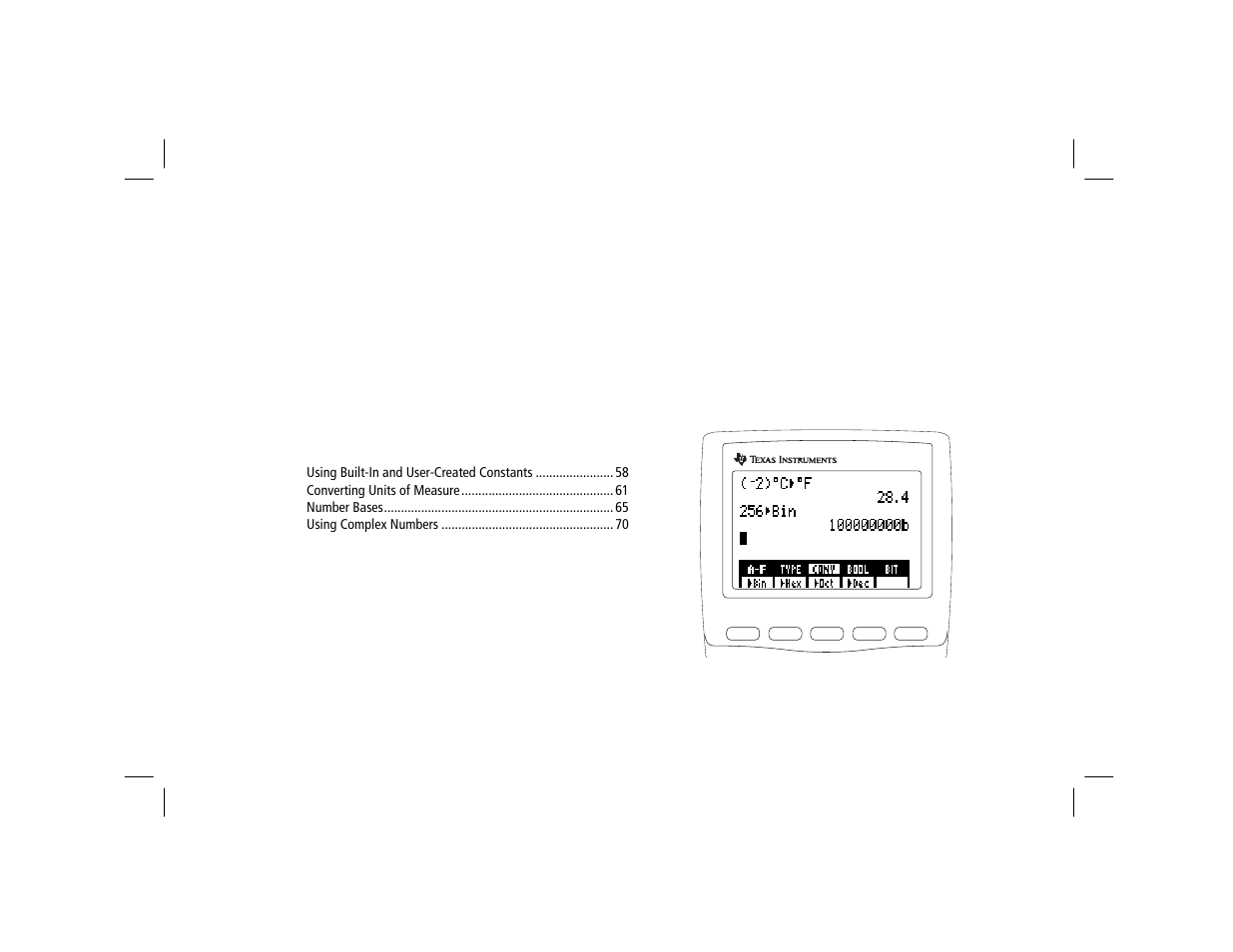 Constants, conversions, bases, and complex numbers | Texas Instruments TI-86 User Manual | Page 69 / 431