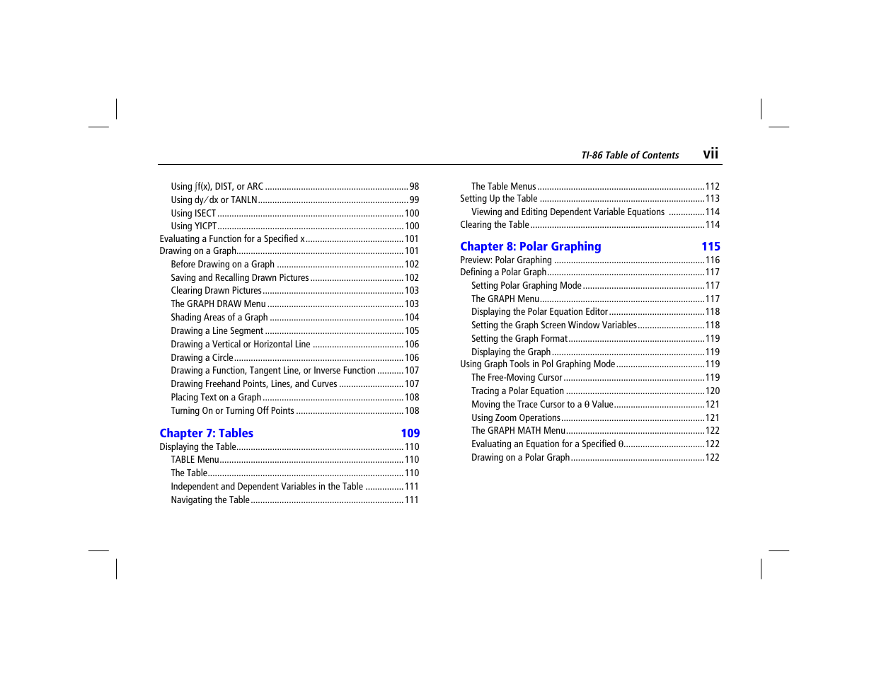 Chapter 7: tables, Chapter 8: polar graphing | Texas Instruments TI-86 User Manual | Page 7 / 431