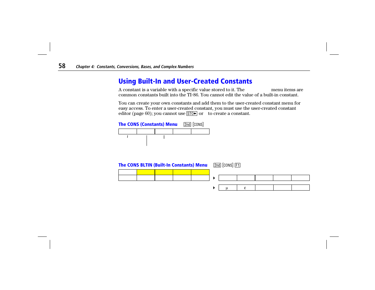 Using built-in and user-created constants, The cons (constants) menu, The cons bltin (built-in constants) menu | Texas Instruments TI-86 User Manual | Page 70 / 431