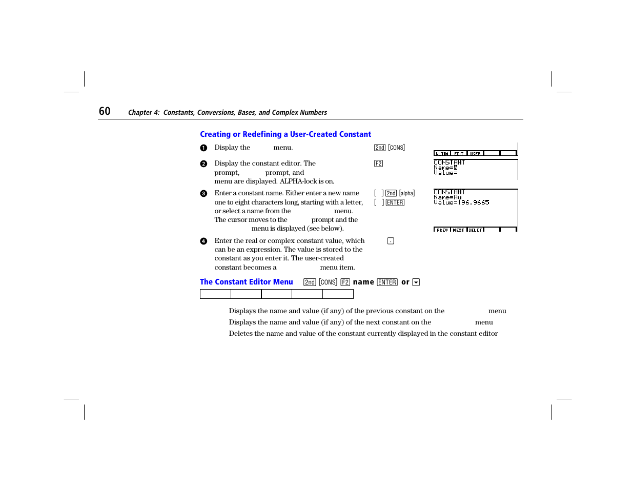 Creating or redefining a user-created constant, The constant editor menu | Texas Instruments TI-86 User Manual | Page 72 / 431