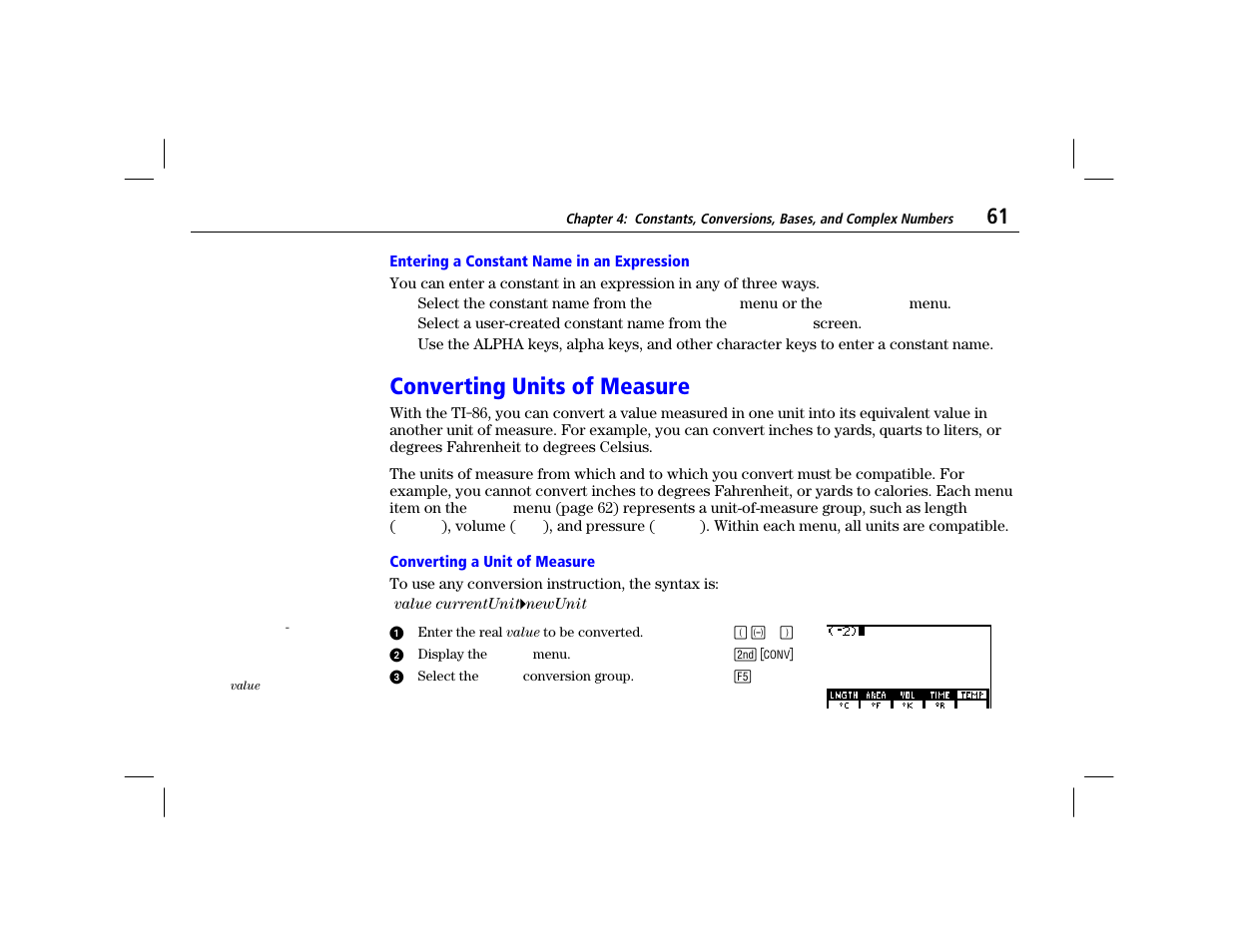 Entering a constant name in an expression, Converting units of measure, Converting a unit of measure | Texas Instruments TI-86 User Manual | Page 73 / 431