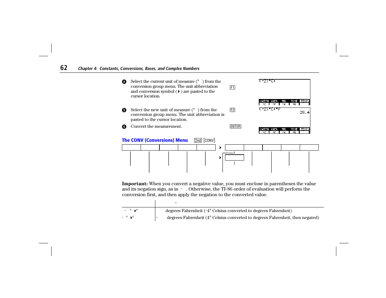 The conv (conversions) menu | Texas Instruments TI-86 User Manual | Page 74 / 431