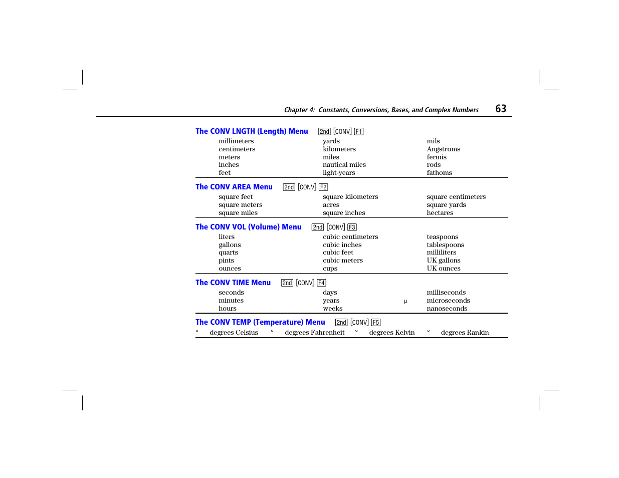 The conv lngth (length) menu, The conv area menu, The conv vol (volume) menu | The conv time menu, The conv temp (temperature) menu | Texas Instruments TI-86 User Manual | Page 75 / 431