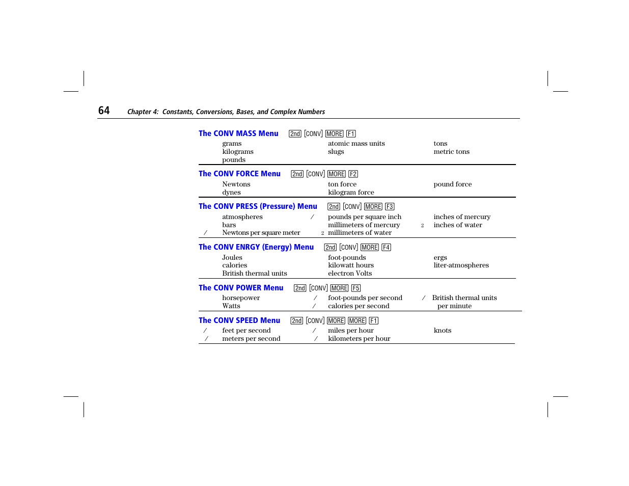 The conv mass menu, The conv force menu, The conv press (pressure) menu | The conv enrgy (energy) menu, The conv power menu, The conv speed menu | Texas Instruments TI-86 User Manual | Page 76 / 431