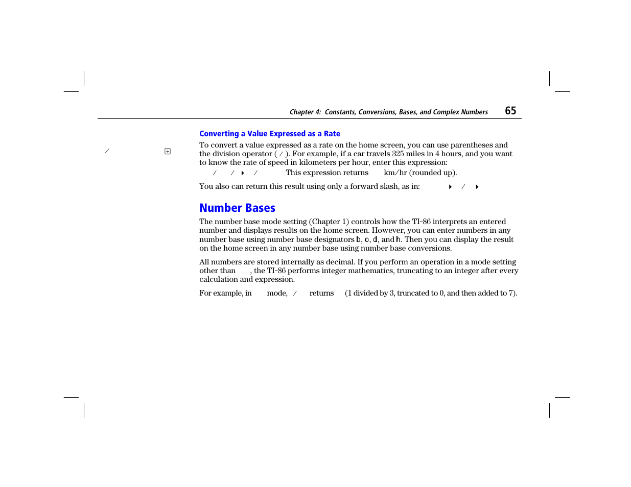 Converting a value expressed as a rate, Number bases | Texas Instruments TI-86 User Manual | Page 77 / 431