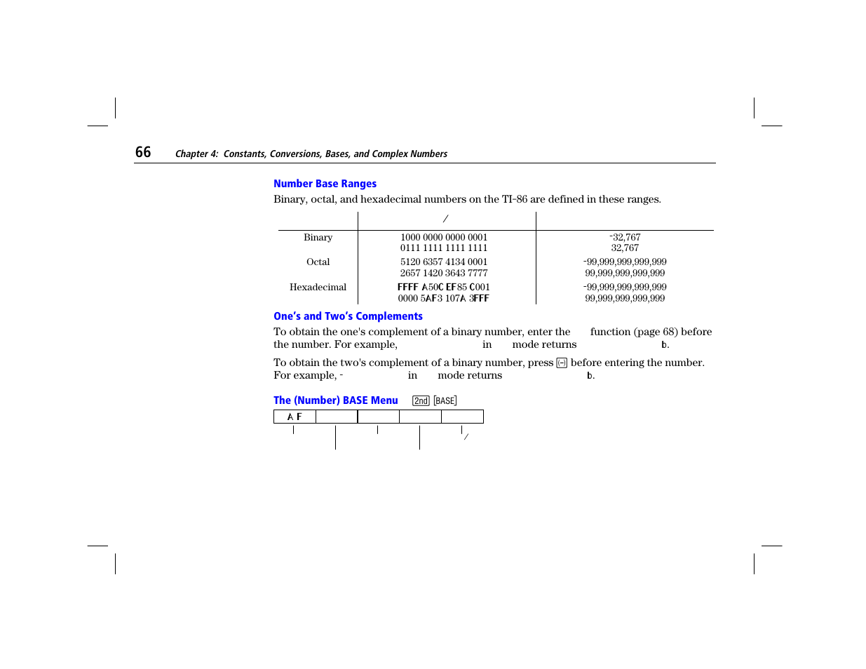Number base ranges, One’s and two’s complements, The (number) base menu | Texas Instruments TI-86 User Manual | Page 78 / 431