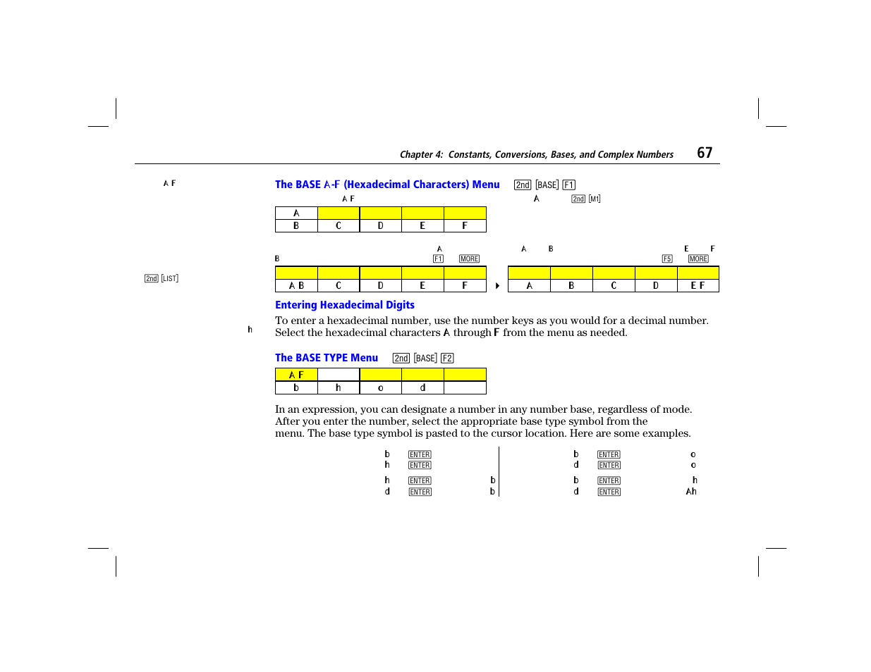 The base a-f (hexadecimal characters) menu, Entering hexadecimal digits, The base type menu | Texas Instruments TI-86 User Manual | Page 79 / 431