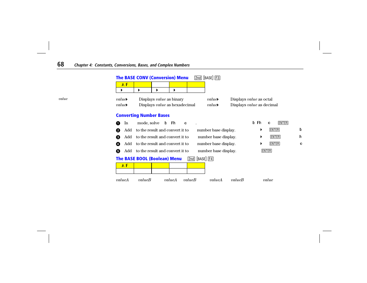 The base conv (conversion) menu, Converting number bases, The base bool (boolean) menu | Texas Instruments TI-86 User Manual | Page 80 / 431