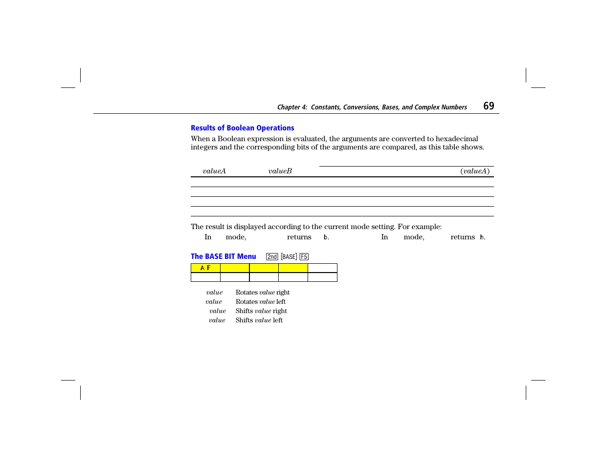 Results of boolean operations, The base bit menu | Texas Instruments TI-86 User Manual | Page 81 / 431