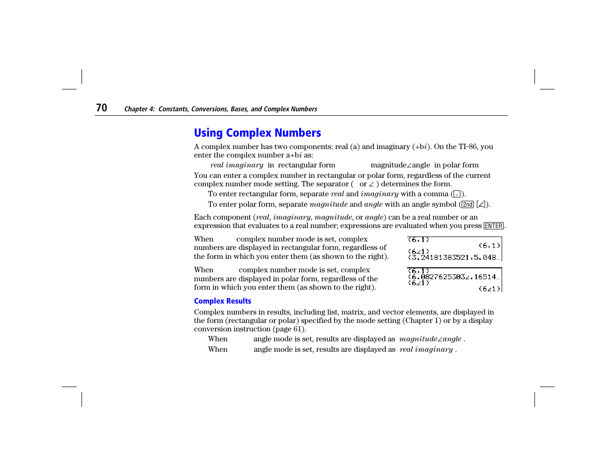 Using complex numbers, Complex results | Texas Instruments TI-86 User Manual | Page 82 / 431