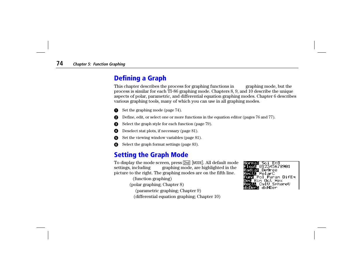 Defining a graph, Setting the graph mode | Texas Instruments TI-86 User Manual | Page 86 / 431