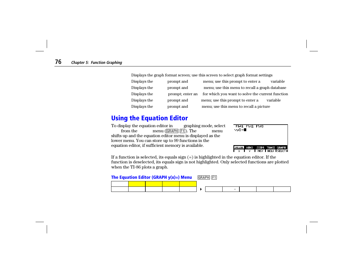 Using the equation editor, The equation editor (graph y(x)=) menu | Texas Instruments TI-86 User Manual | Page 88 / 431