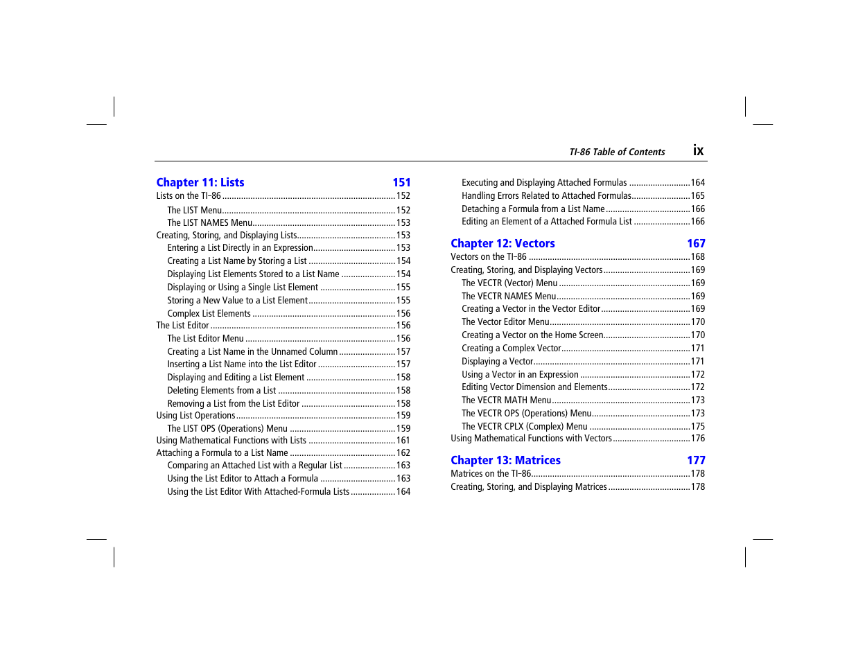 Chapter 11: lists, Chapter 12: vectors, Chapter 13: matrices | Texas Instruments TI-86 User Manual | Page 9 / 431