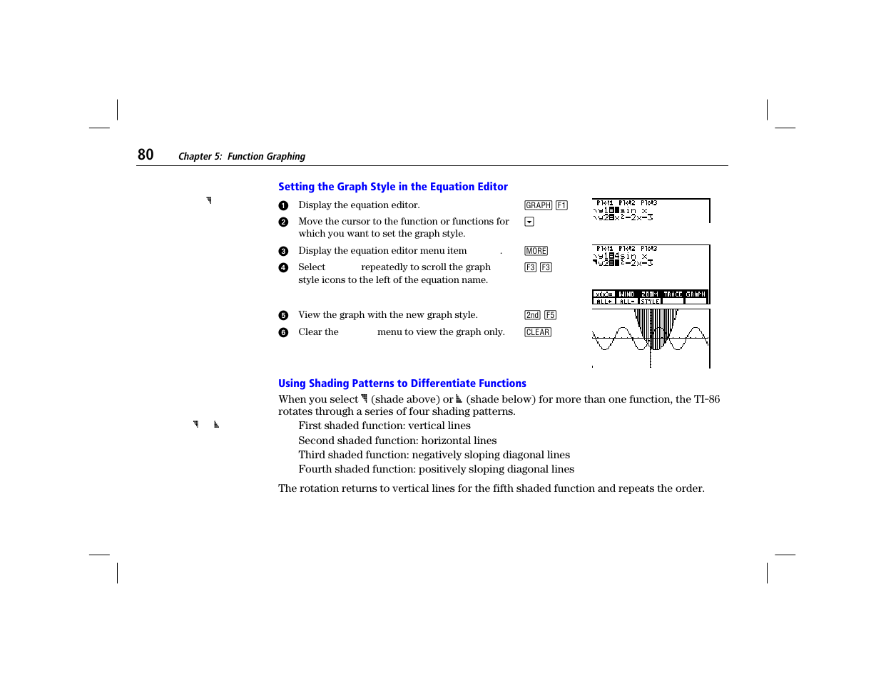Setting the graph style in the equation editor, Using shading patterns to differentiate functions | Texas Instruments TI-86 User Manual | Page 92 / 431