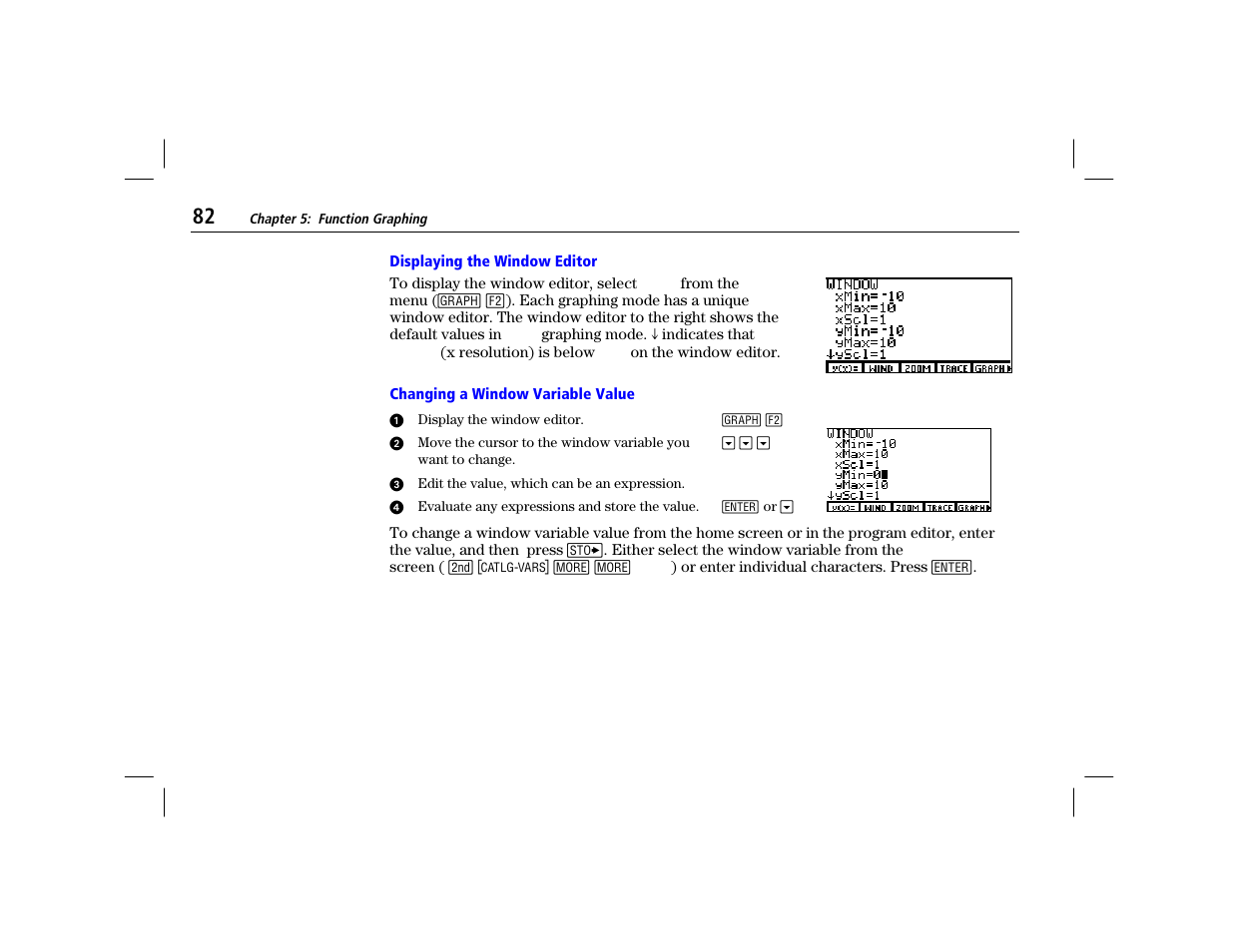 Displaying the window editor, Changing a window variable value | Texas Instruments TI-86 User Manual | Page 94 / 431