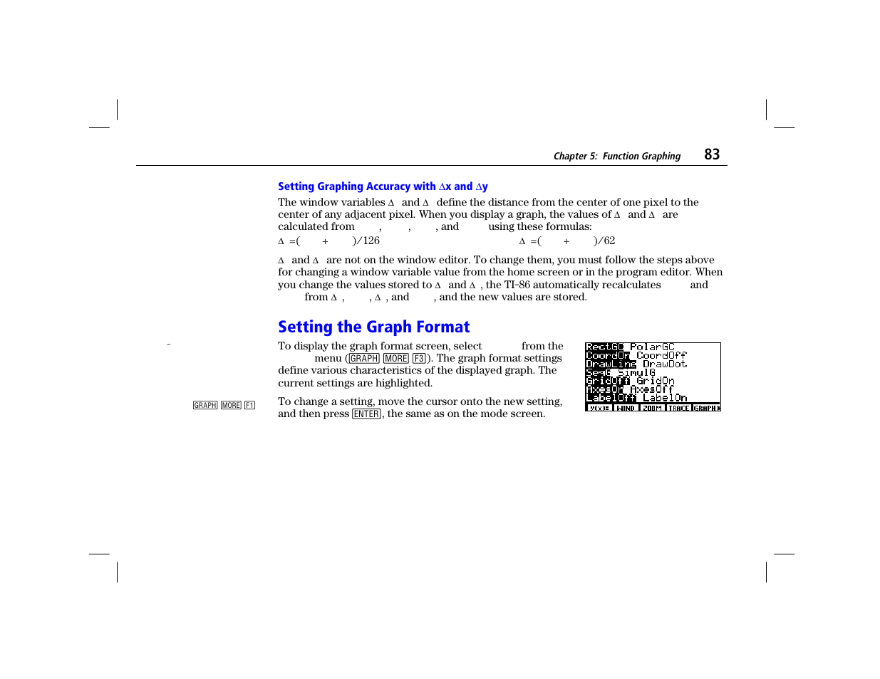 Setting graphing accuracy with delta x and delta y, Setting the graph format | Texas Instruments TI-86 User Manual | Page 95 / 431