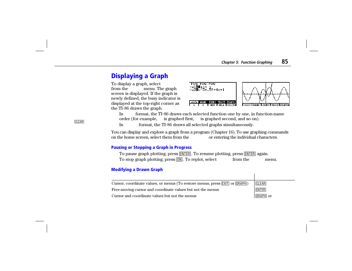 Displaying a graph, Pausing or stopping a graph in progress, Modifying a drawn graph | Texas Instruments TI-86 User Manual | Page 97 / 431