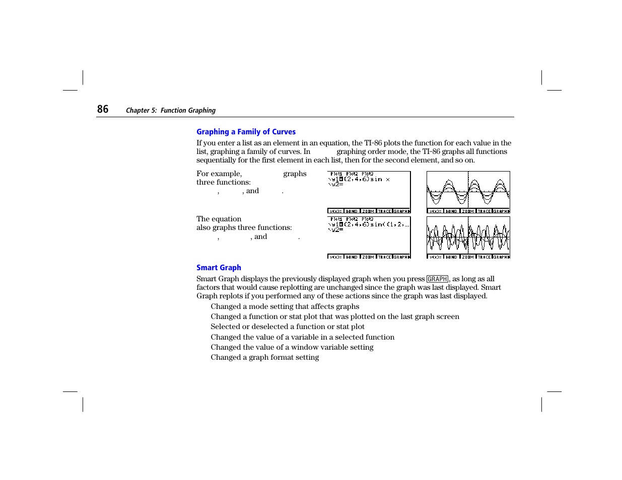 Graphing a family of curves, Smart graph | Texas Instruments TI-86 User Manual | Page 98 / 431