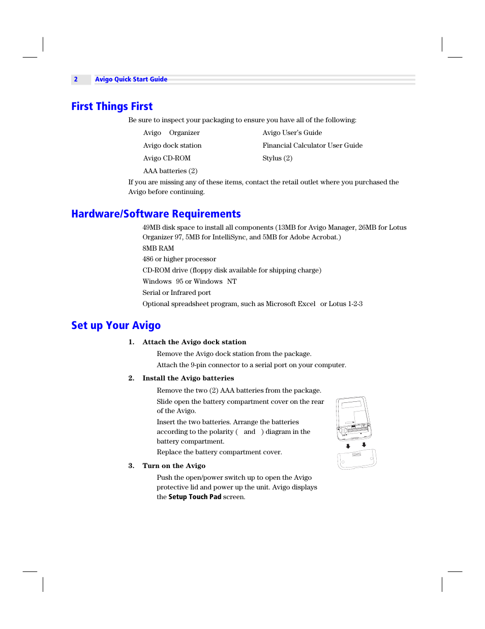 First things first, Hardware/software requirements, Set up your avigo | Texas Instruments Avigo User Manual | Page 2 / 6