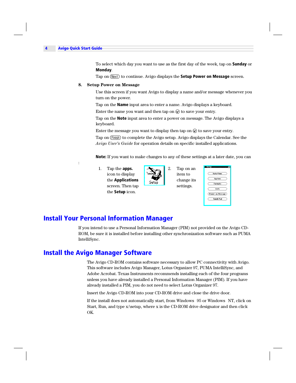 Install your personal information manager, Install the avigo manager software | Texas Instruments Avigo User Manual | Page 4 / 6