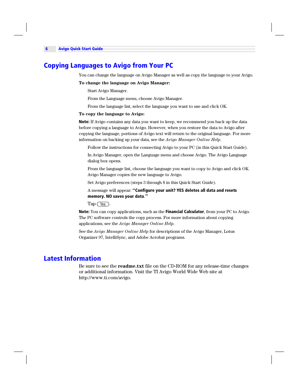 Copying languages to avigo from your pc, Latest information | Texas Instruments Avigo User Manual | Page 6 / 6