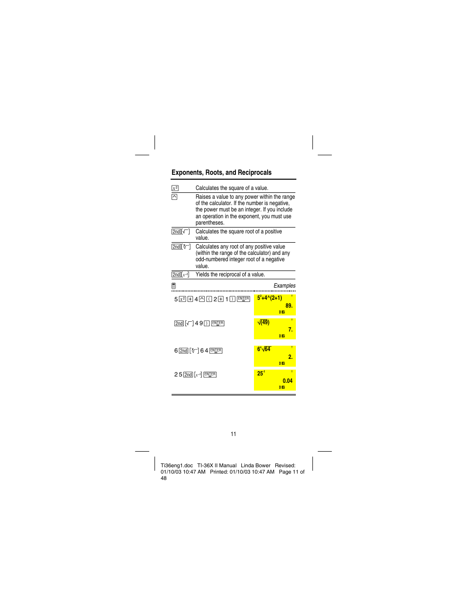 Exponents, roots, and reciprocals | Texas Instruments solar TI-36X User Manual | Page 13 / 48
