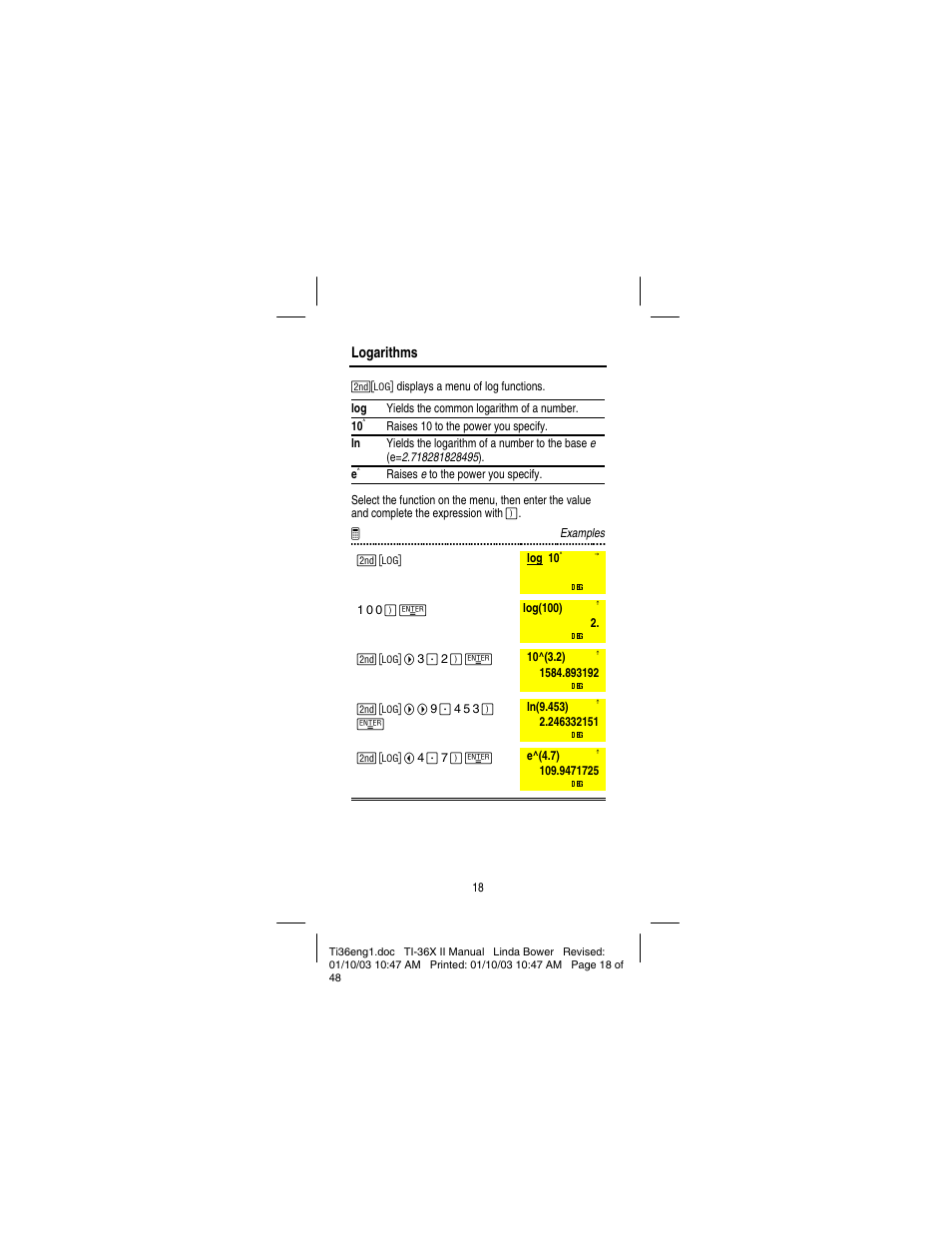 Logarithms | Texas Instruments solar TI-36X User Manual | Page 20 / 48